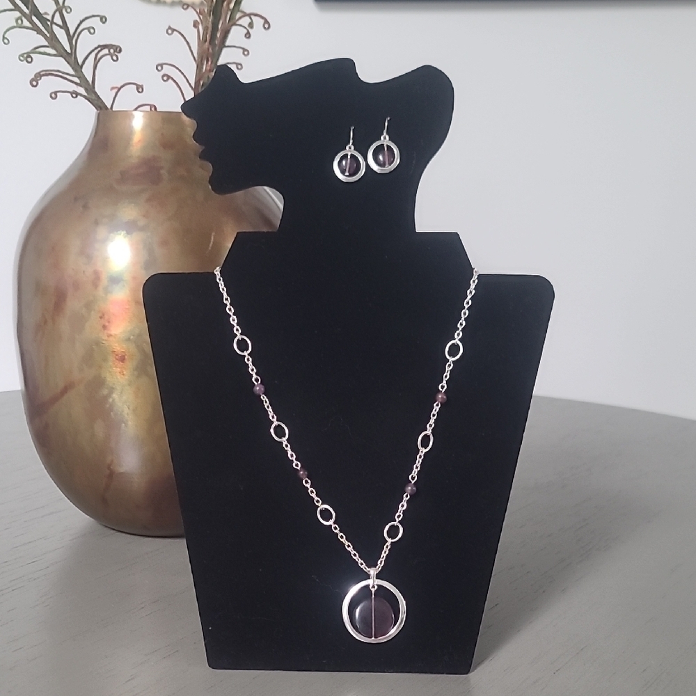 Silver Tone and Amethyst Like Circle Pendant Necklace and Earrings Set